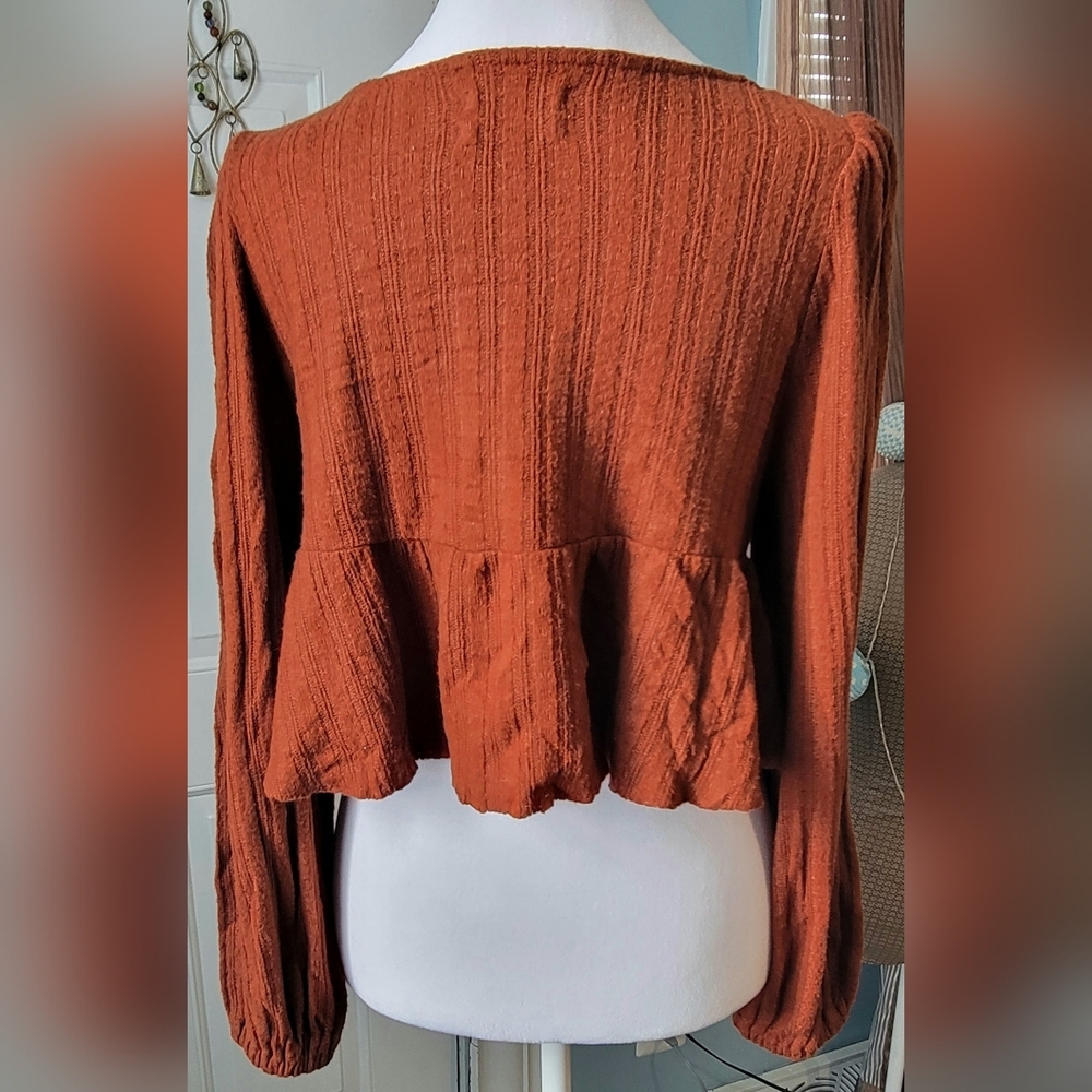 Urban Outfitters Prairie Ribbed Babydoll Top Womens S Teracotta Cropped Boho - Picture 4 of 11
